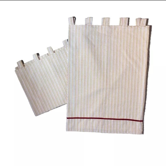 2 Tab Top Cafe Curtains Yellow Red Plaid Panels Drapes Bordered High End Pair - Picture 7 of 7